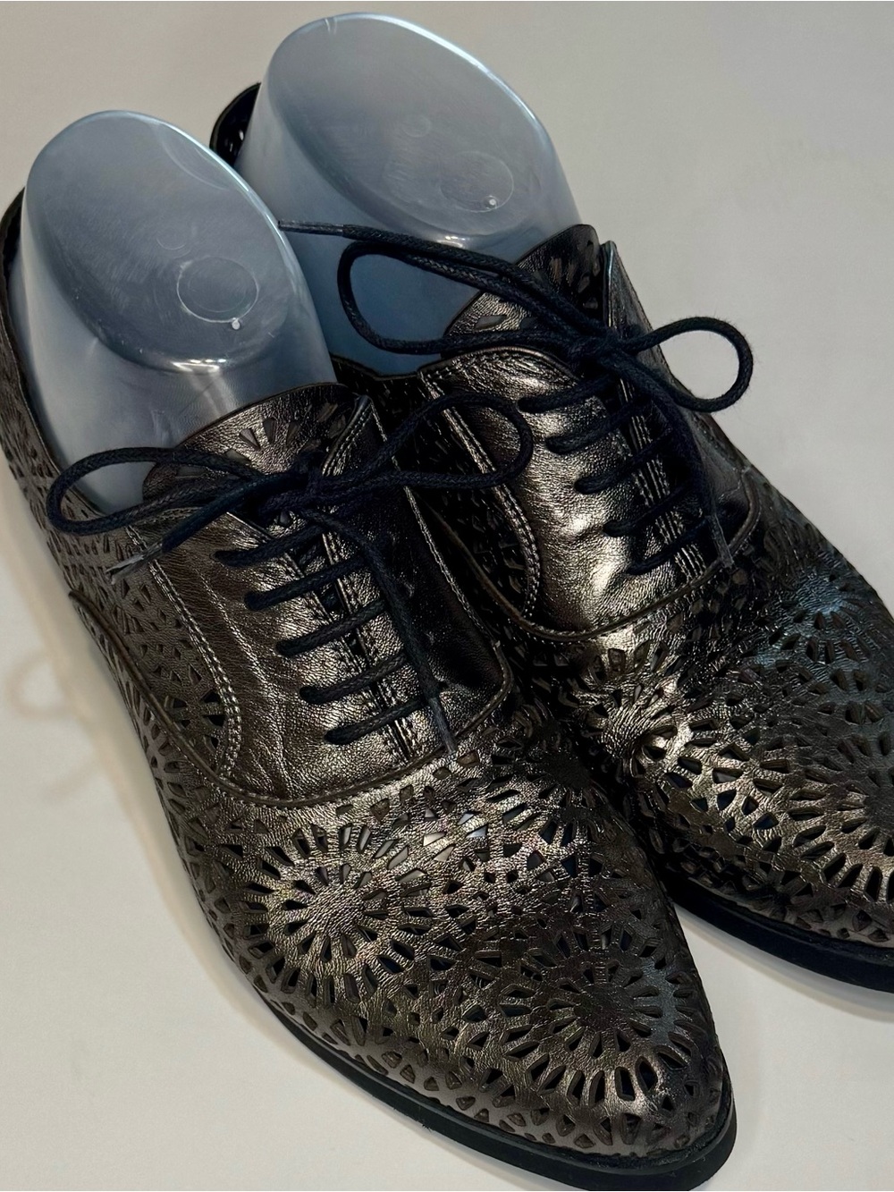Haider Ackermann Black and Silver Metallic Laser-Cut Pointed Lace-Up Oxfords